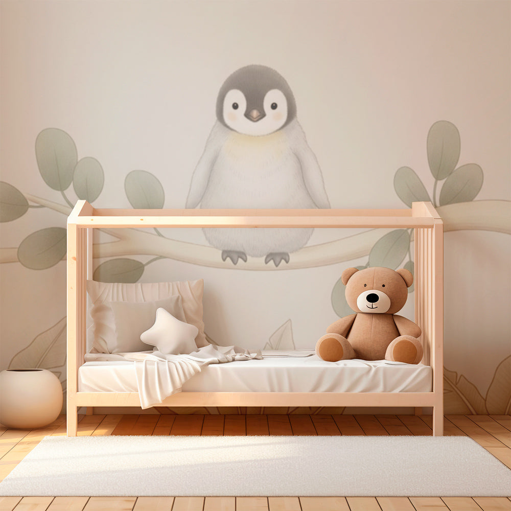 Kids-Mundo gentle baby penguin wall mural brightening a soft neutral children's playroom corner.