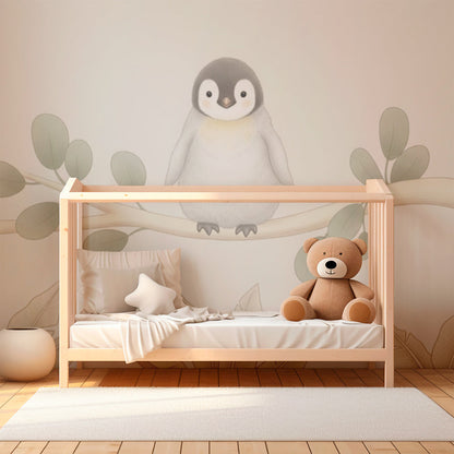 Kids-Mundo gentle baby penguin wall mural brightening a soft neutral children's playroom corner.
