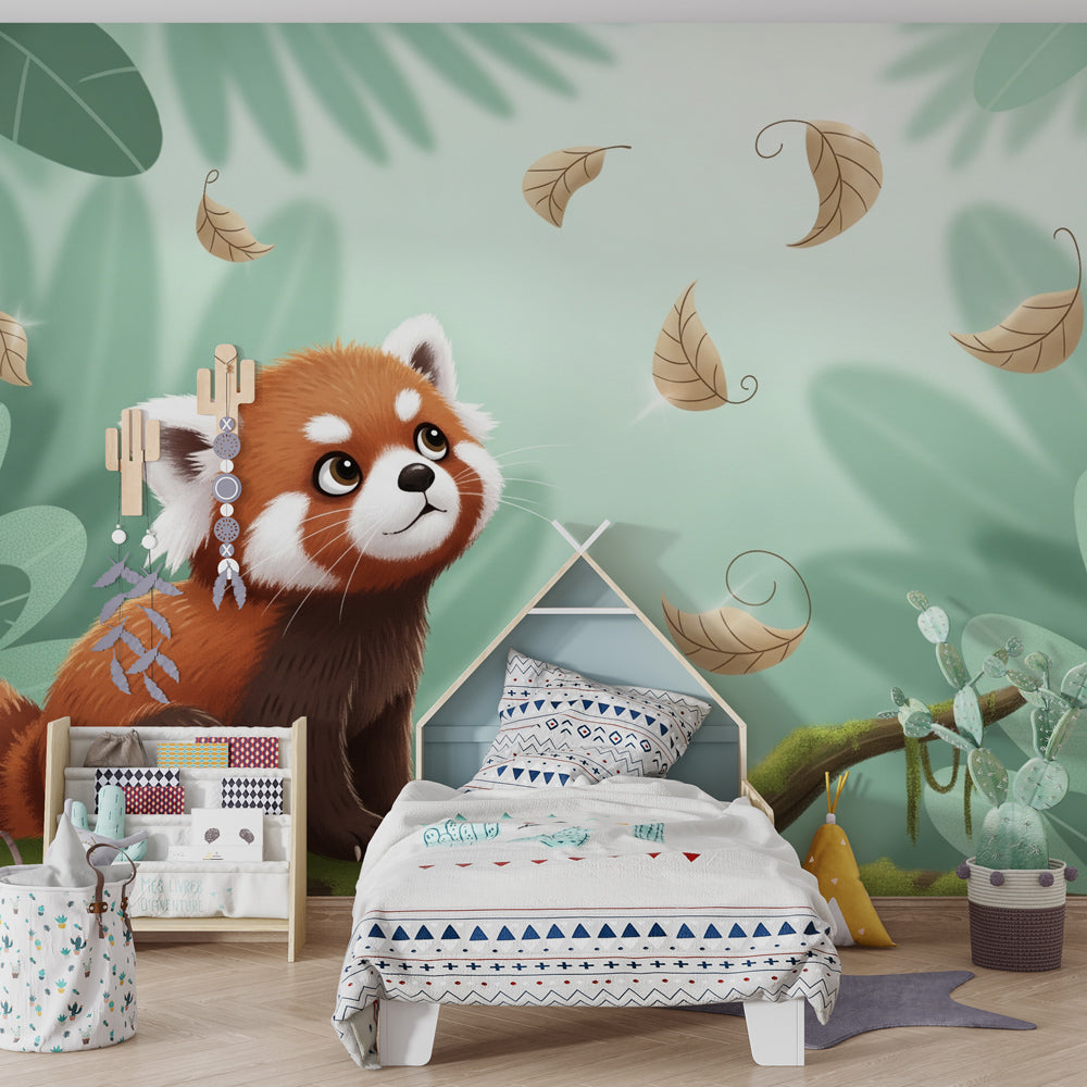 Kids-Mundo red panda forest wall mural covering a kids' bedroom feature wall