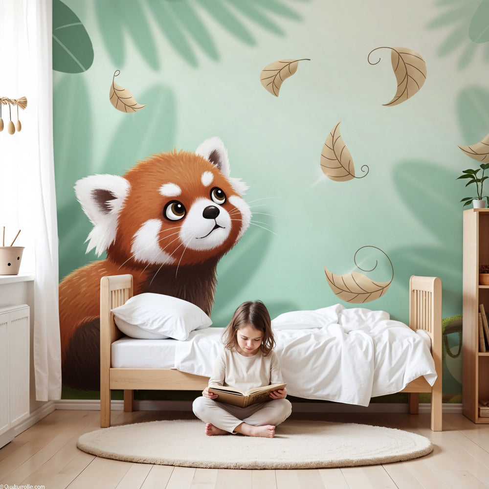 Kids-Mundo baby red panda wall mural in a soft green nursery beside a wooden crib