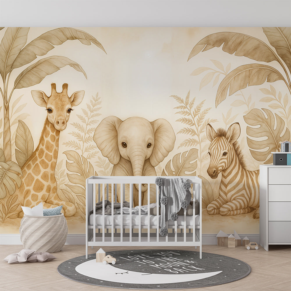 Kids-Mundo safari animals wall mural styled on a feature wall in a calm kids bedroom