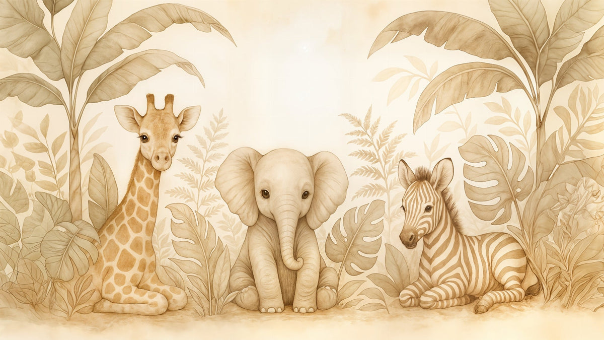 Baby Giraffe, Elephant and Zebra Safari Wall Mural