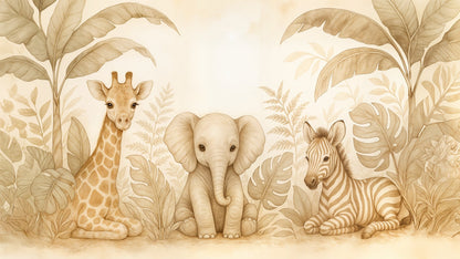 Kids-Mundo flat artwork preview of the beige watercolour safari baby animals wall mural design