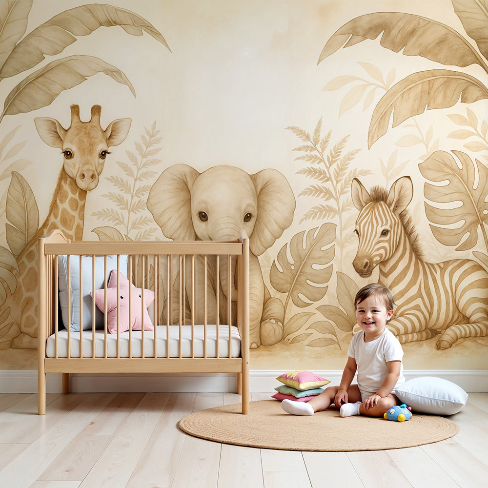 Kids-Mundo beige safari wall mural with baby giraffe, elephant and zebra in a soft nursery room