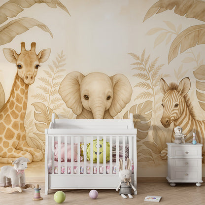 Kids-Mundo watercolour safari mural of baby giraffe, elephant and zebra in a bright playroom