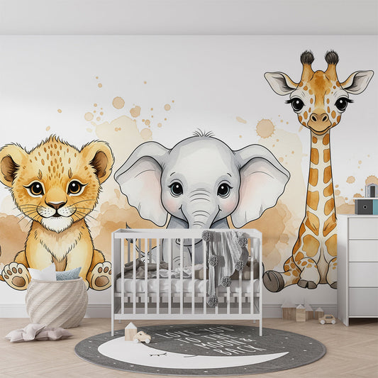 Kids-Mundo baby safari animals wall mural behind a bed in a soft, neutral kids' bedroom.
