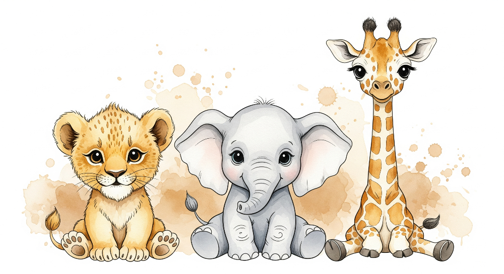 Kids-Mundo flat artwork of a watercolour lion cub, baby elephant and young giraffe on warm beige.