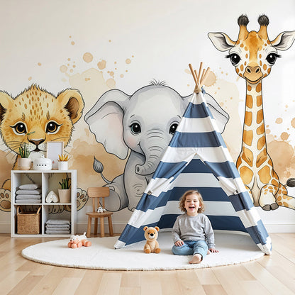 Kids-Mundo baby lion, elephant and giraffe wall mural in a warm beige nursery with a wooden cot.