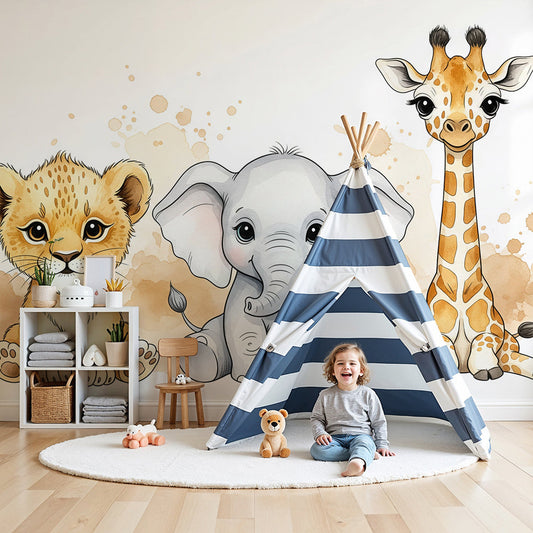 Kids-Mundo baby lion, elephant and giraffe wall mural in a warm beige nursery with a wooden cot.