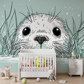 Gentle seal wallpaper with mint green seagrass in calming nursery environment