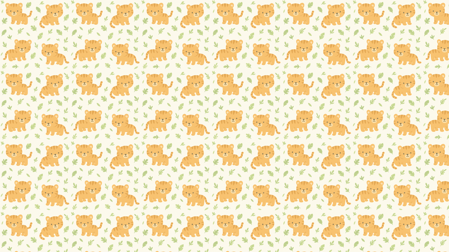 Flat artwork of the Kids-Mundo tiger cub pattern wall mural with orange cubs and green leaves