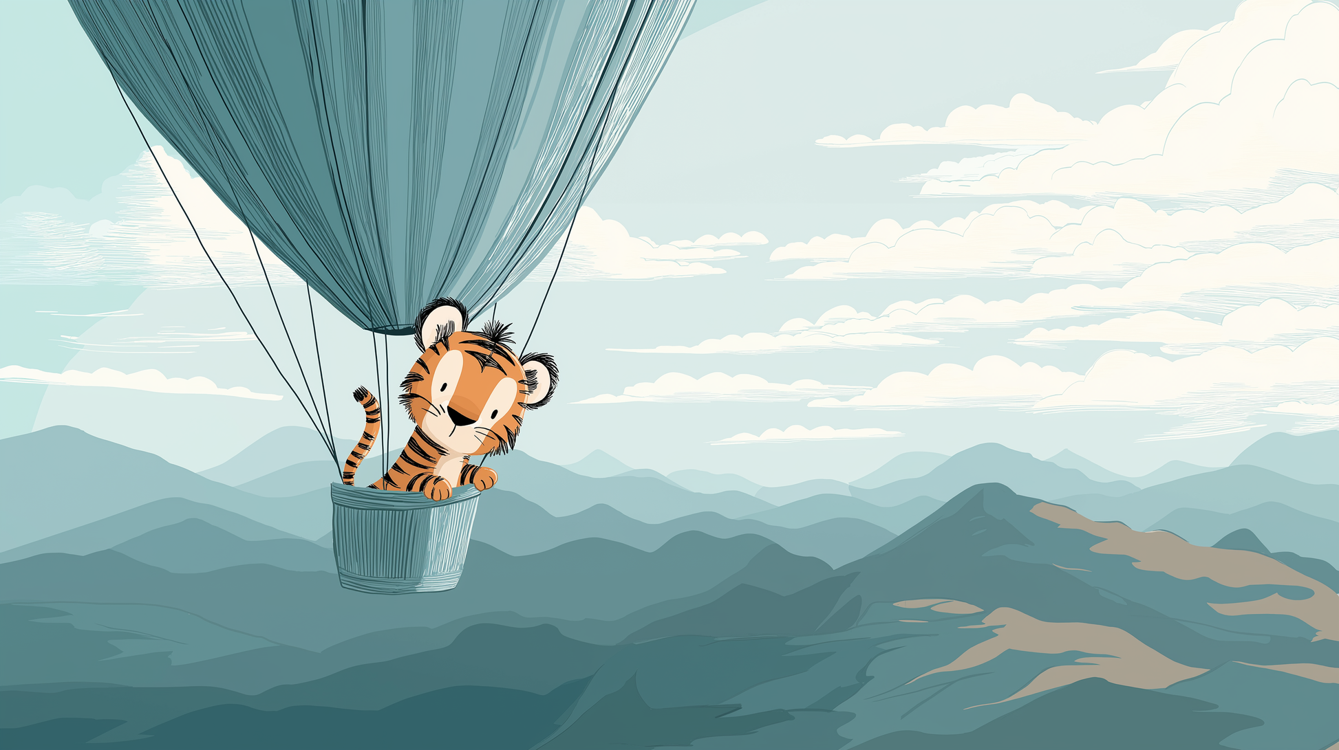 Flat artwork preview of the Kids-Mundo baby tiger hot air balloon wall mural over misty mountains