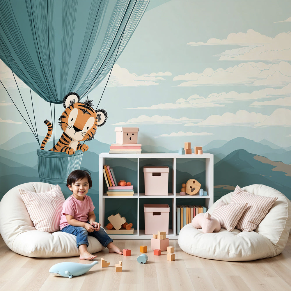 Kids-Mundo baby tiger hot air balloon wall mural made to measure in a soft teal kids bedroom