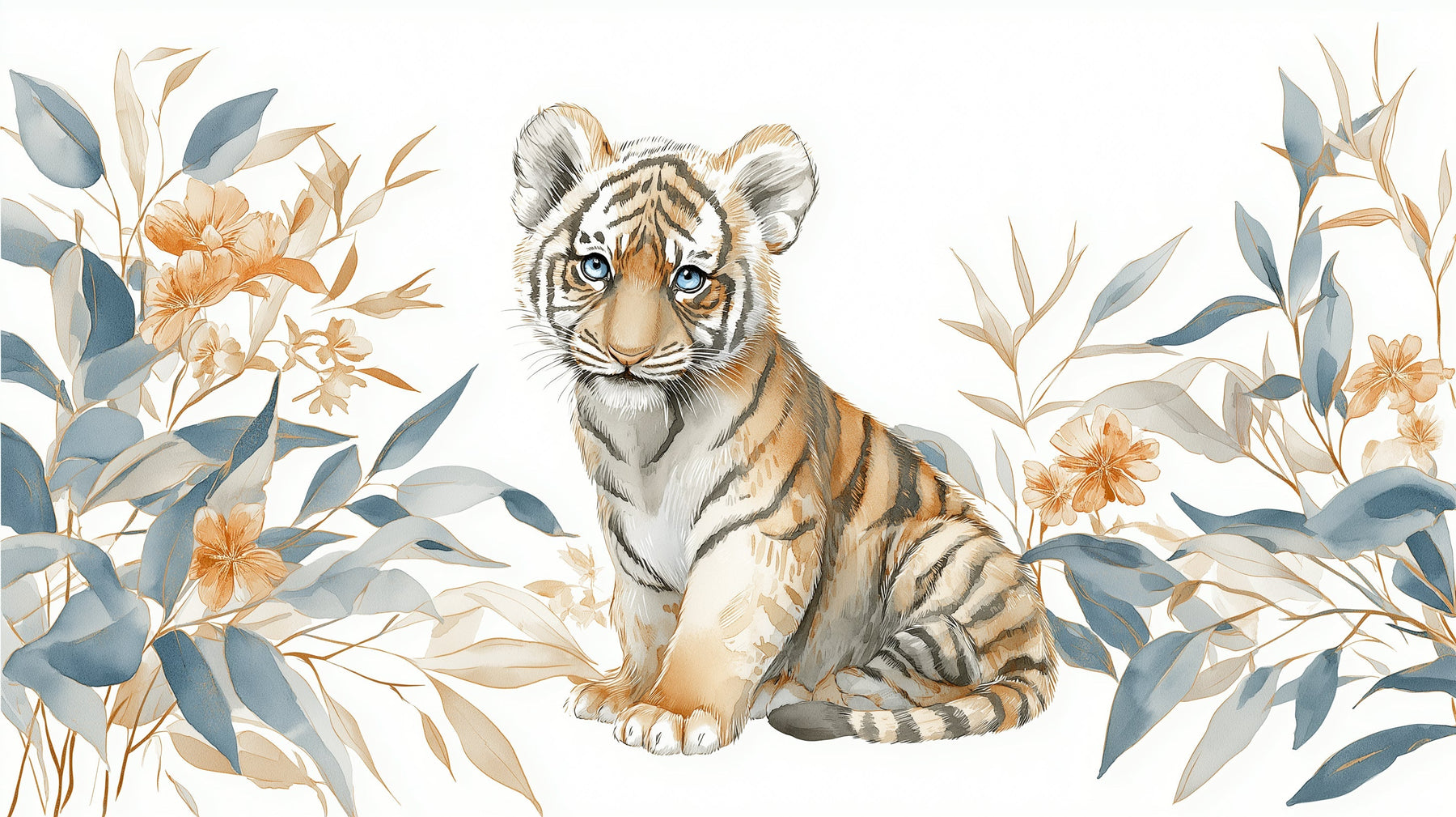 Detailed baby tiger and exotic flowers mural wallpaper design pattern by Kids-Mundo