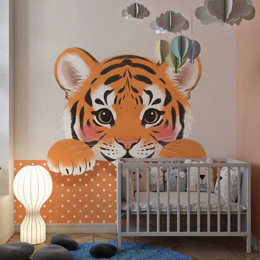 Kids-Mundo curious tiger cub mural adding warmth to a cosy kids bedroom wall.