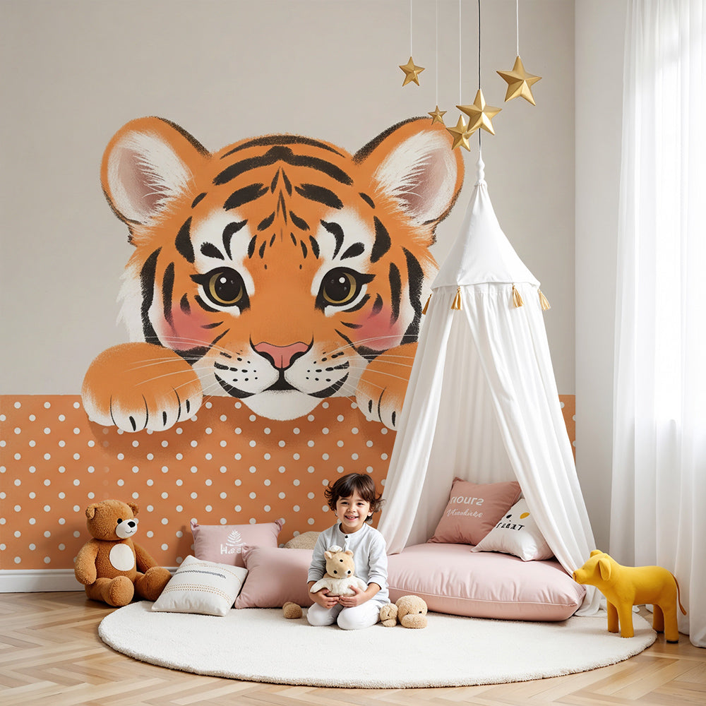 Kids-Mundo baby tiger cub wall mural with polka-dot border styled in a soft nursery setting.