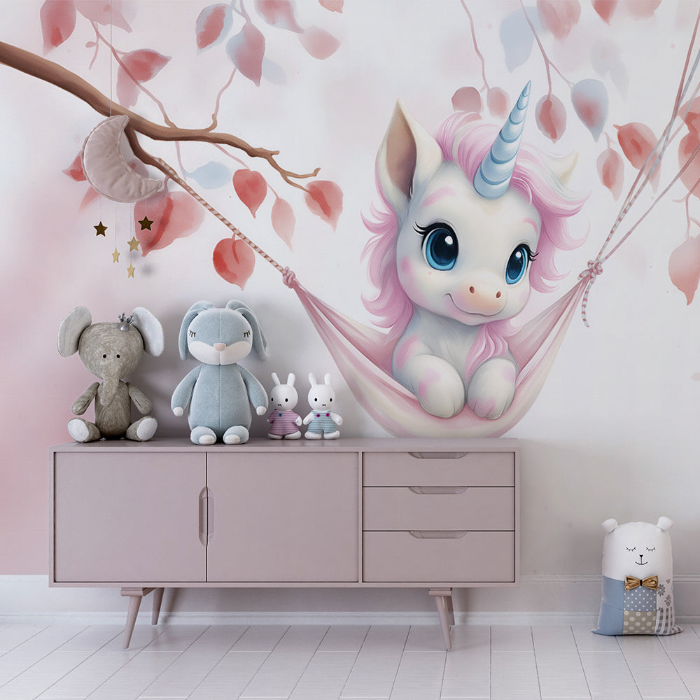 Kids-Mundo unicorn and blossom wall mural covering the feature wall of a girls bedroom