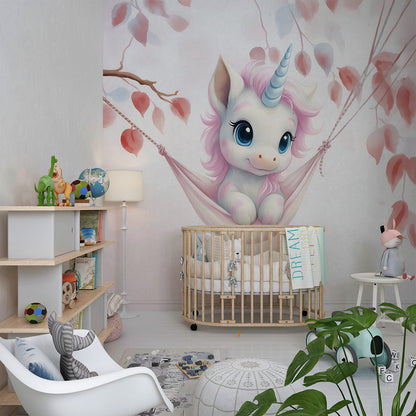 Kids-Mundo baby unicorn swing wallpaper mural in a dreamy pastel kids bedroom.