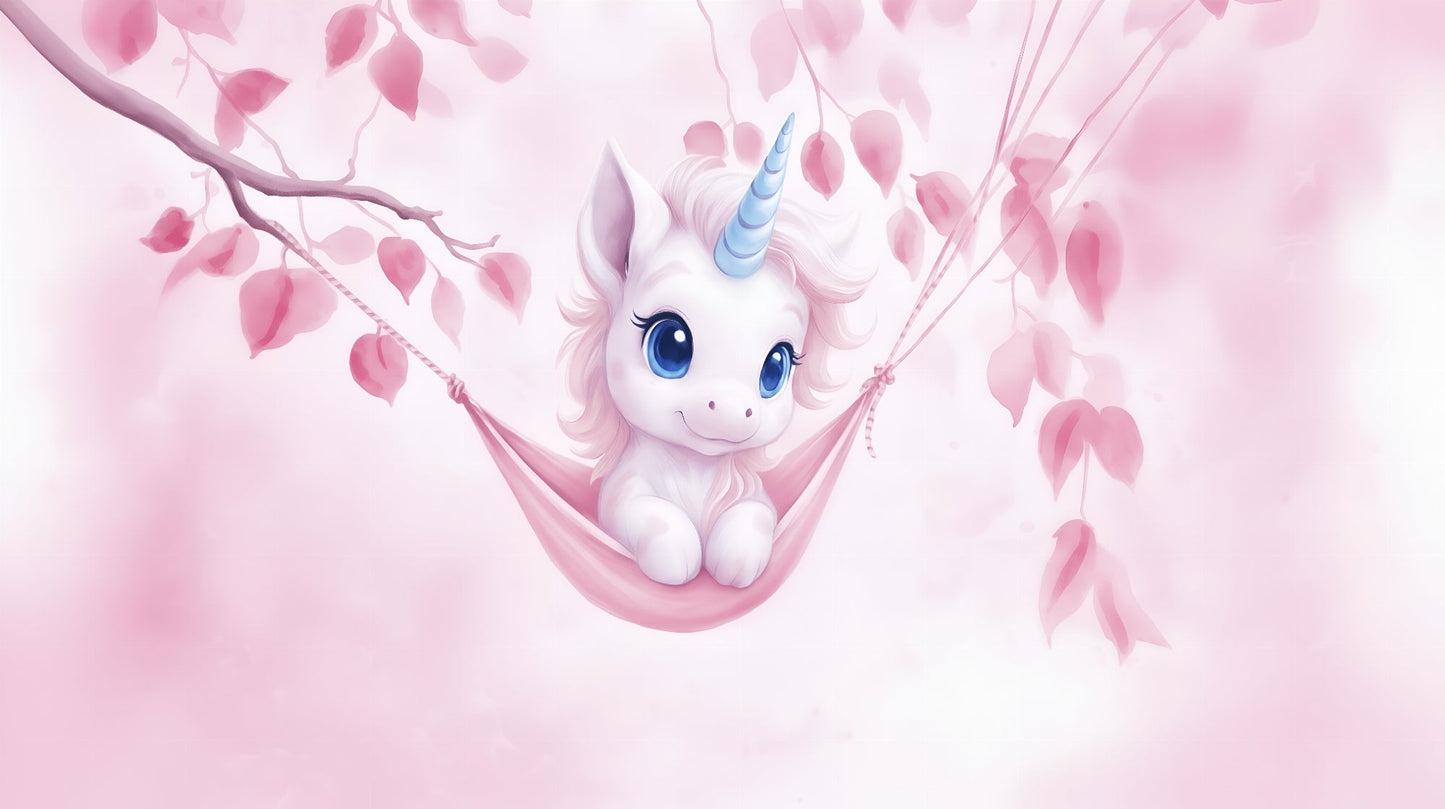 Flat artwork of the Kids-Mundo baby unicorn in a blossom swing wall mural design