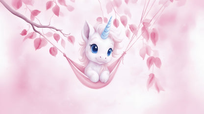 Flat artwork of the Kids-Mundo baby unicorn in a blossom swing wall mural design