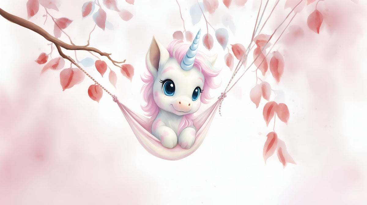Baby Unicorn on a Blossom Swing Wall Mural