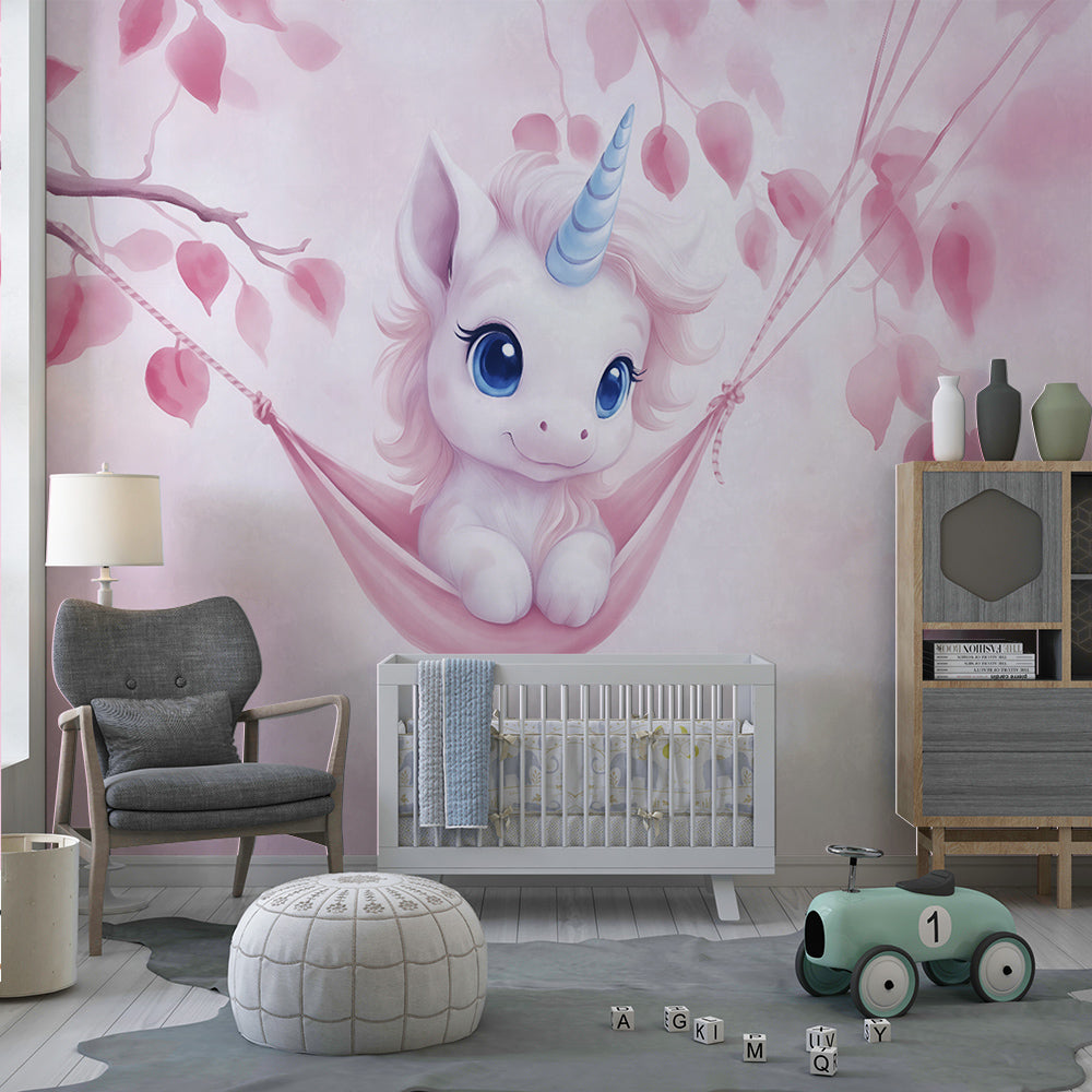 Kids-Mundo baby unicorn wall mural adding gentle charm to a children's playroom wall