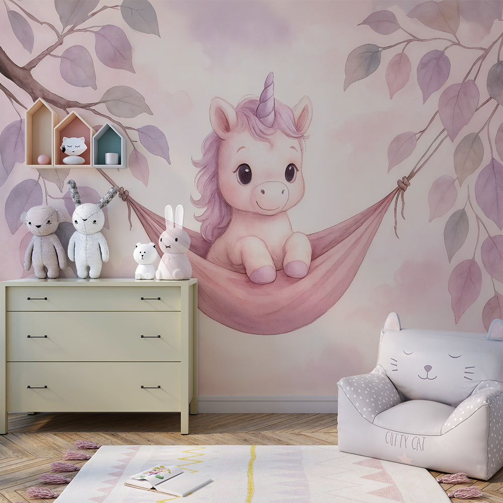 Baby unicorn wall mural by Kids-Mundo on a feature wall in a dreamy kids bedroom