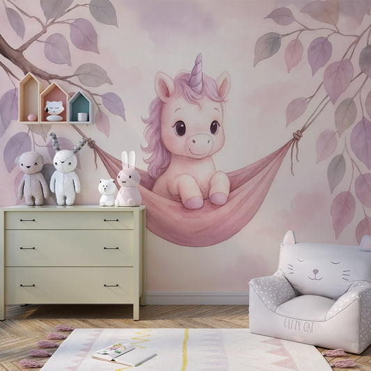 Baby unicorn wall mural by Kids-Mundo on a feature wall in a dreamy kids bedroom
