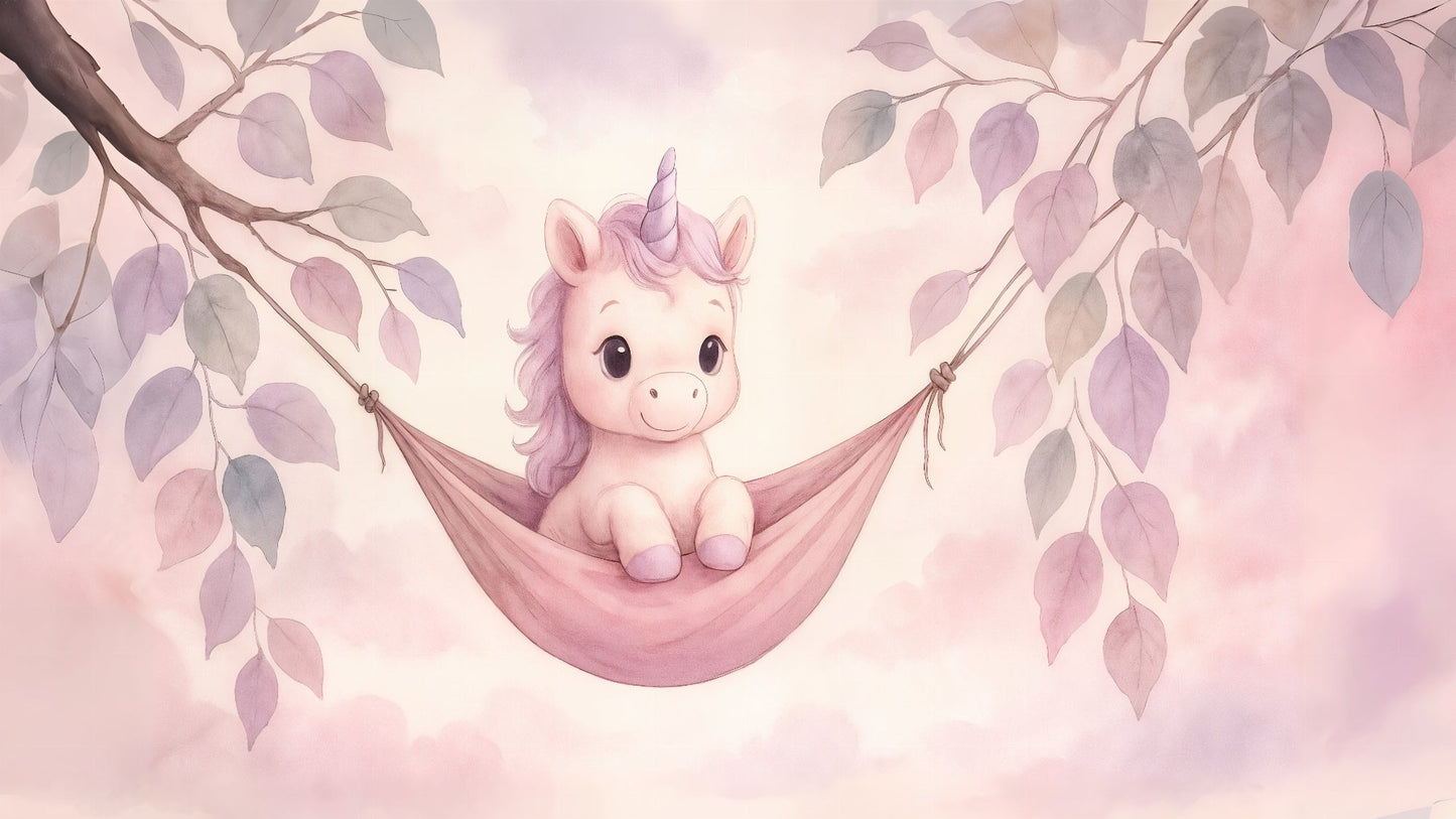 Flat artwork of the Kids-Mundo baby unicorn hammock wall mural design in soft pastels