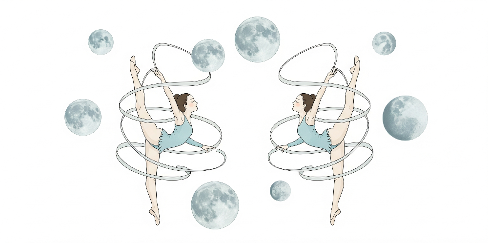 Kids-Mundo flat artwork for the ballerina moon wall mural, showing dancers and floating moons on white