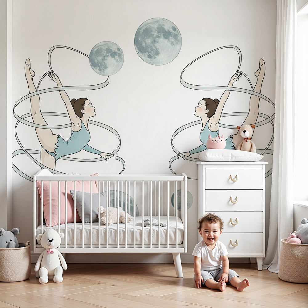 Kids-Mundo ballerina wall mural in a nursery, showing dancers leaping among pale moons on white