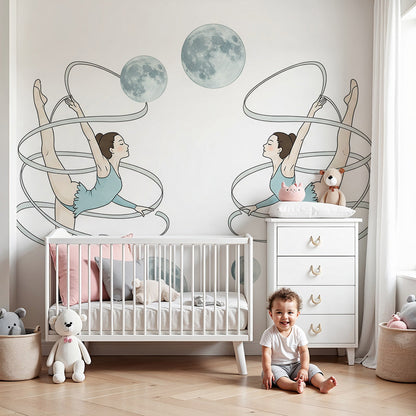 Kids-Mundo ballerina wall mural in a nursery, showing dancers leaping among pale moons on white