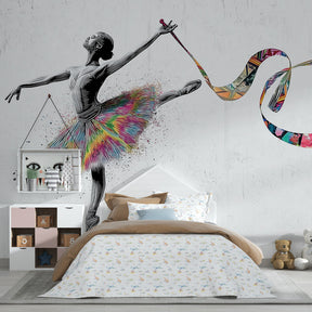 Vibrant dance-themed mural wallpaper creating artistic nursery atmosphere for young ballet lovers
