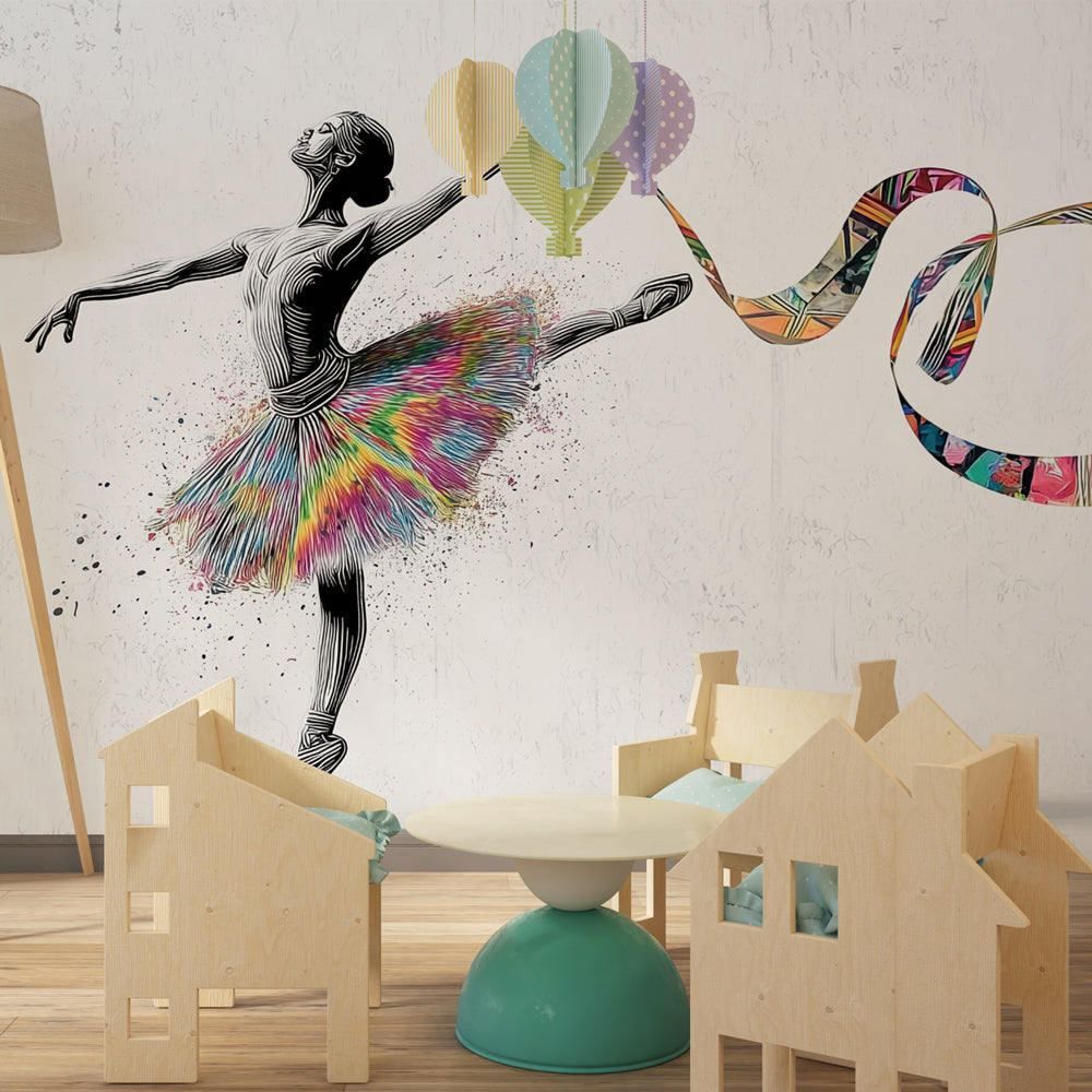 Ballet dancer wallpaper transforming children's playroom into creative dance-inspired space