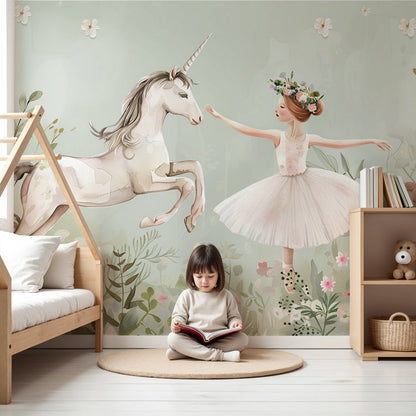 Kids-Mundo ballerina and unicorn wall mural styled in a soft, dreamy nursery