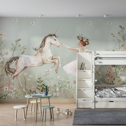 Kids-Mundo enchanted garden wall mural with ballerina and unicorn in a playroom