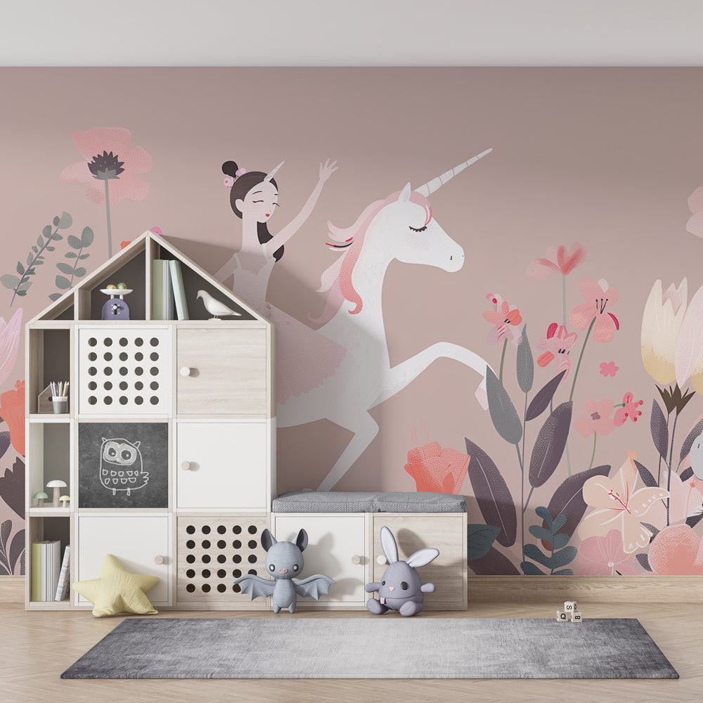 Fairy tale ballerina unicorn mural wallpaper inspiring imagination in children's playroom