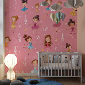 Ballerina themed mural wallpaper creating magical dance atmosphere in kids bedroom