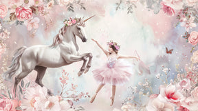 Detailed ballet unicorn mural wallpaper design pattern with pastel flowers and dancing elements