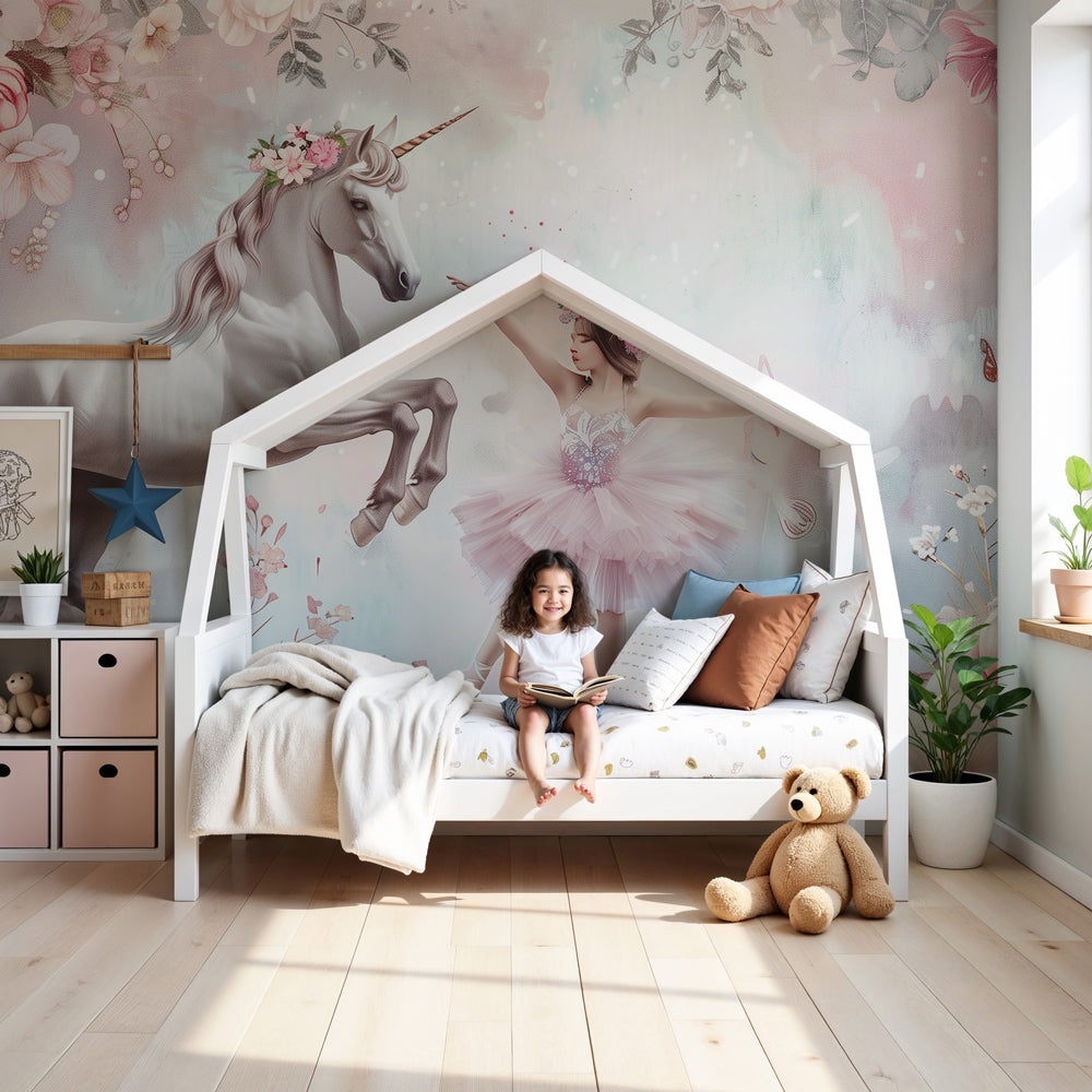 Ballet unicorn mural wallpaper in pastel girls bedroom with magical garden design by Kids-Mundo