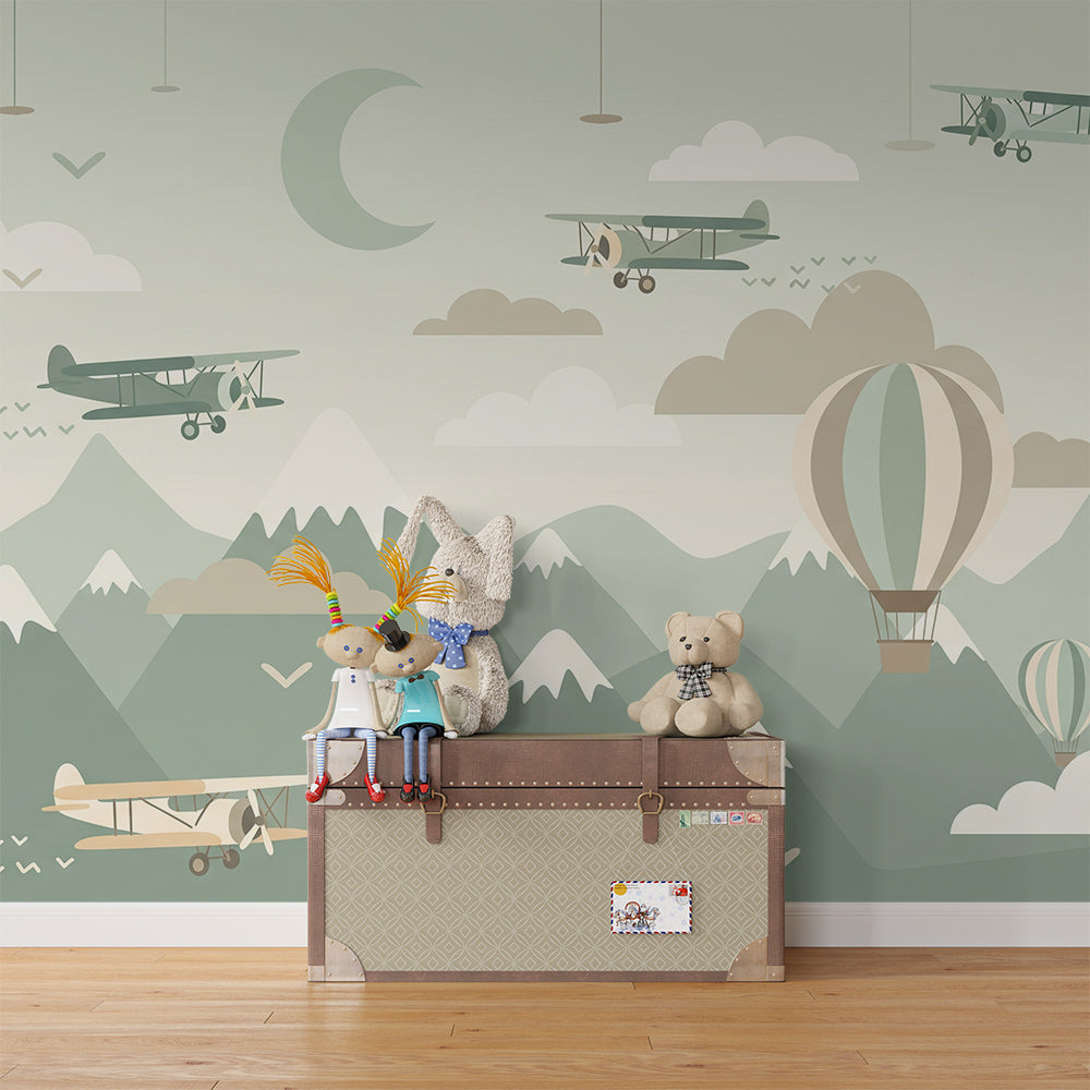 Kids-Mundo balloon and biplane sky mural on a feature wall in a kids bedroom