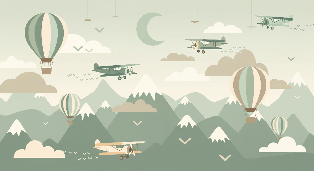 Flat artwork of the Kids-Mundo hot air balloon, biplane and mobile sky wall mural design