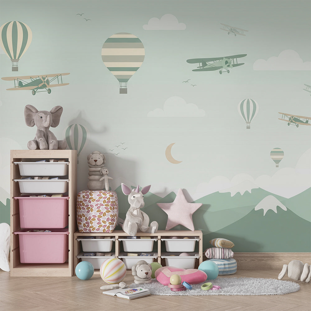 Kids-Mundo balloon and biplane sky mural on a feature wall in a child's bedroom