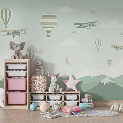 Kids-Mundo balloon and biplane sky mural on a feature wall in a child's bedroom