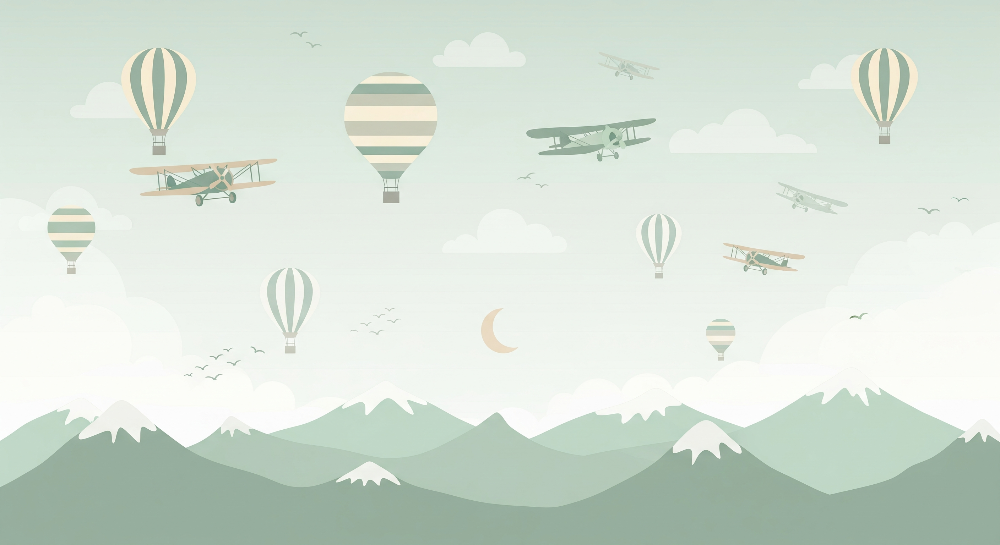 Flat artwork of the Kids-Mundo hot air balloon and biplane wall mural over sage-green mountains