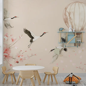 Japanese inspired sakura and hot air balloon wallpaper in kids playroom setting