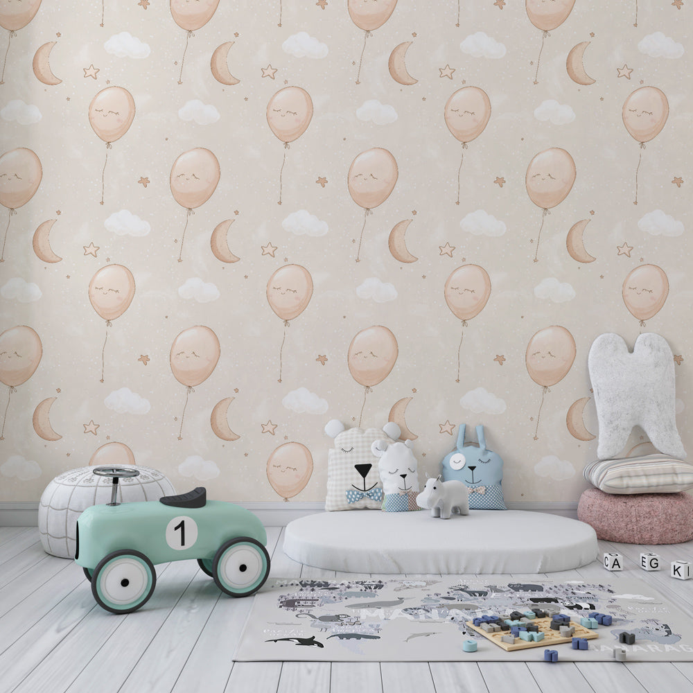 Dreamy balloon clouds wallpaper creating magical atmosphere in children's bedroom interior