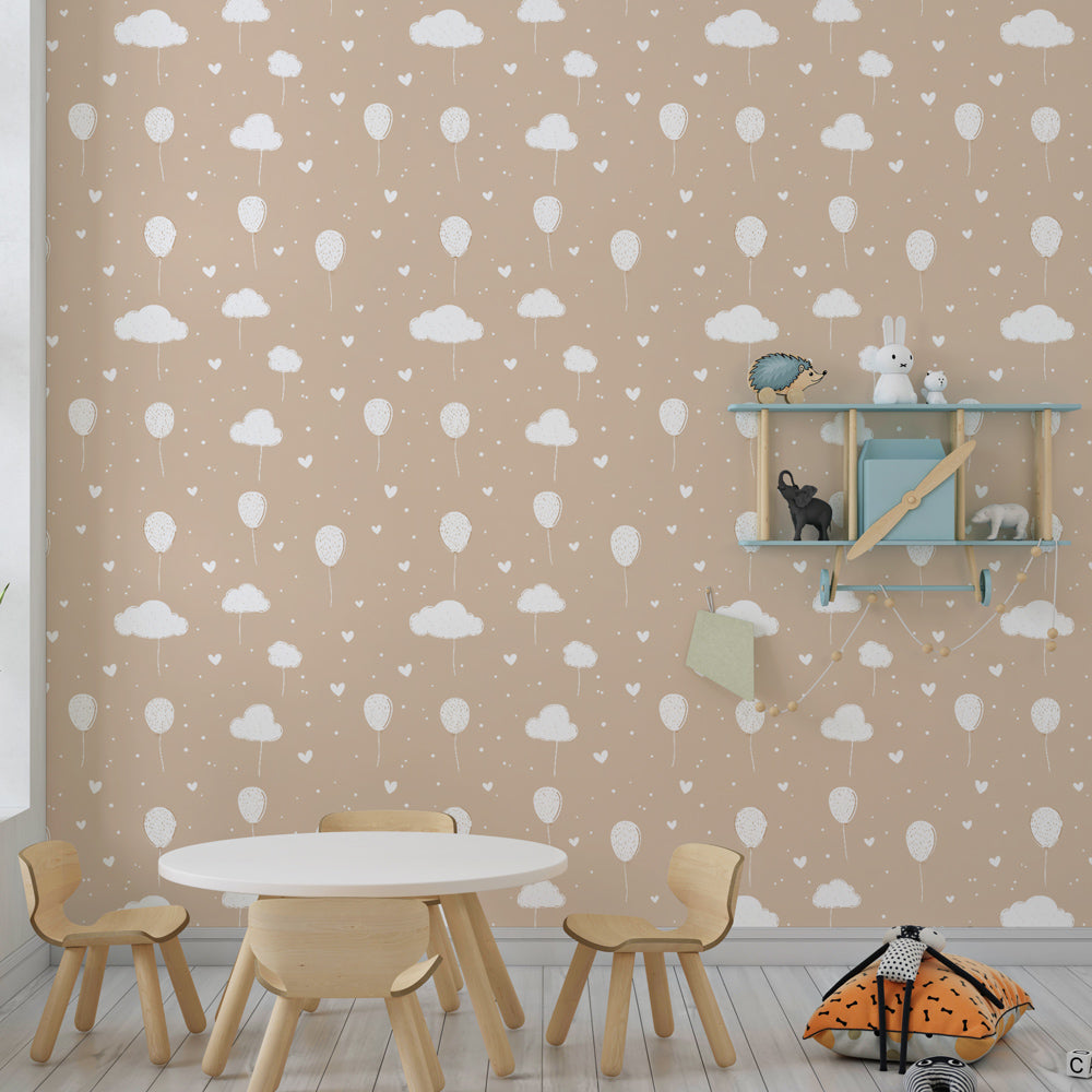 Whimsical balloon wallpaper transforming kids bedroom with soft beige clouds design