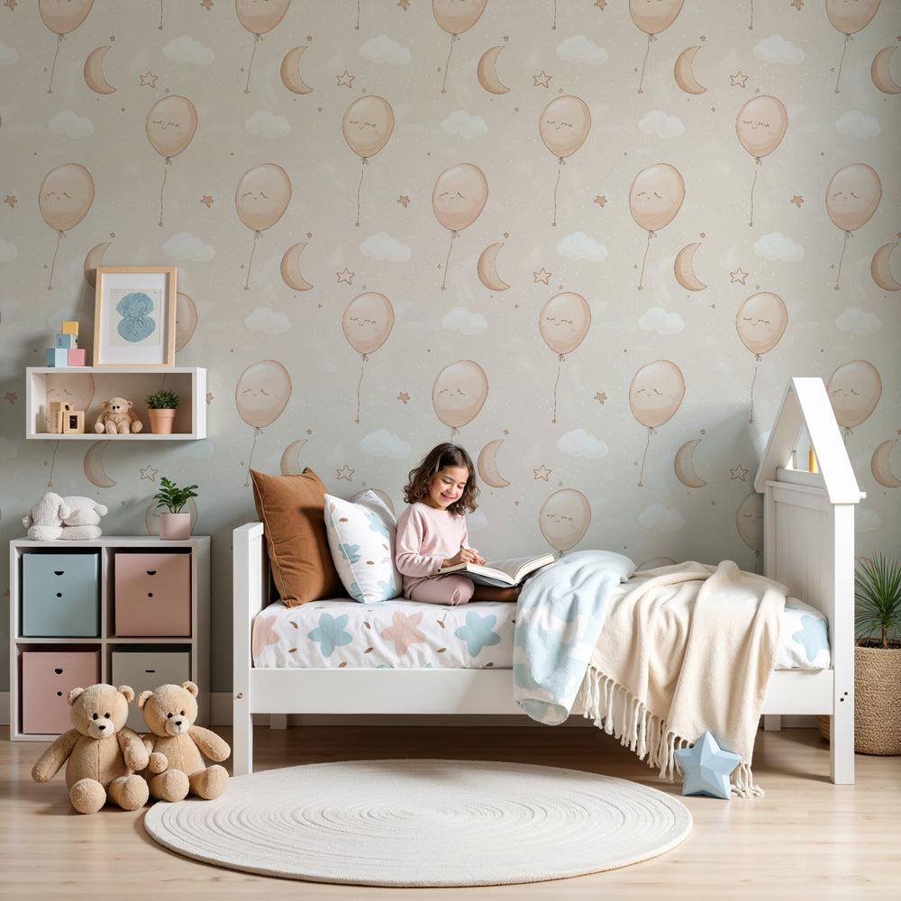 Sweet balloon and cloud mural wallpaper decorating modern nursery with pastel decor by Kids-Mundo