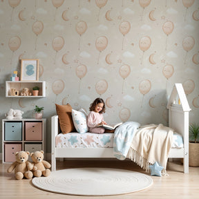 Sweet balloon and cloud mural wallpaper decorating modern nursery with pastel decor by Kids-Mundo